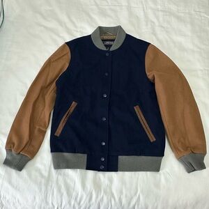Lands' End Women’s Blue and Brown Varsity Bomber Jacket NWOT, size small